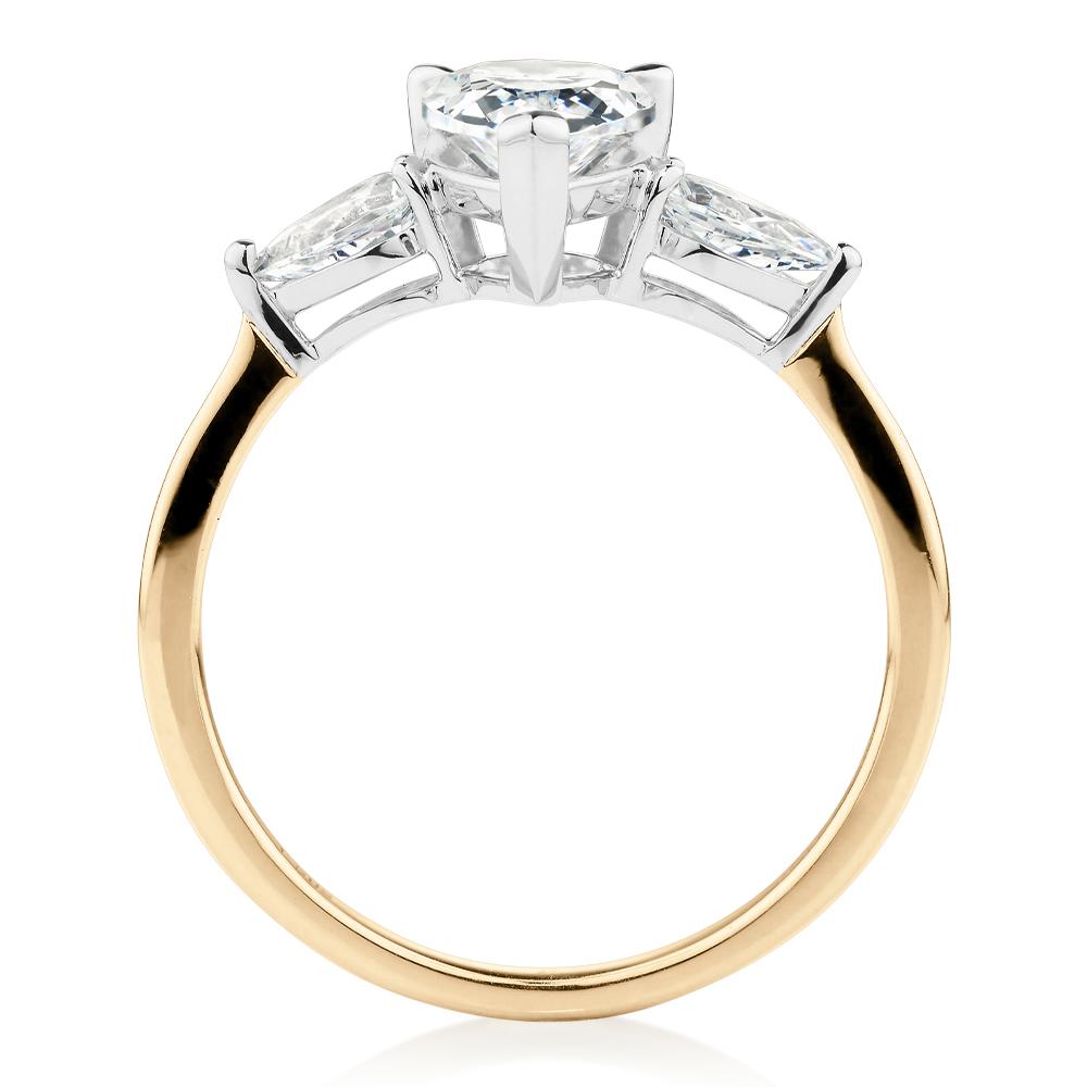 Pear shouldered engagement ring with 2.21 carats* of diamond simulants in 14 carat yellow and white gold