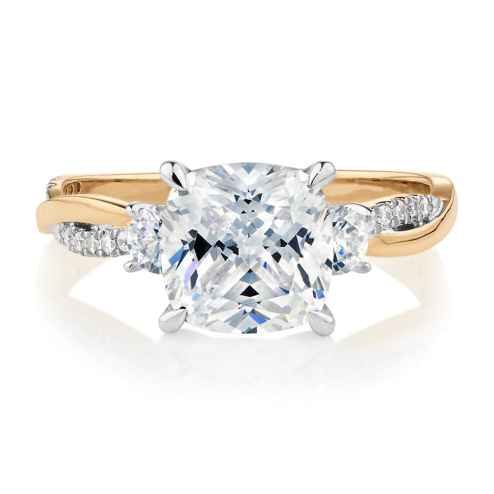 Cushion and Round Brilliant shouldered engagement ring with 2.35 carats* of diamond simulants in 14 carat yellow and white gold