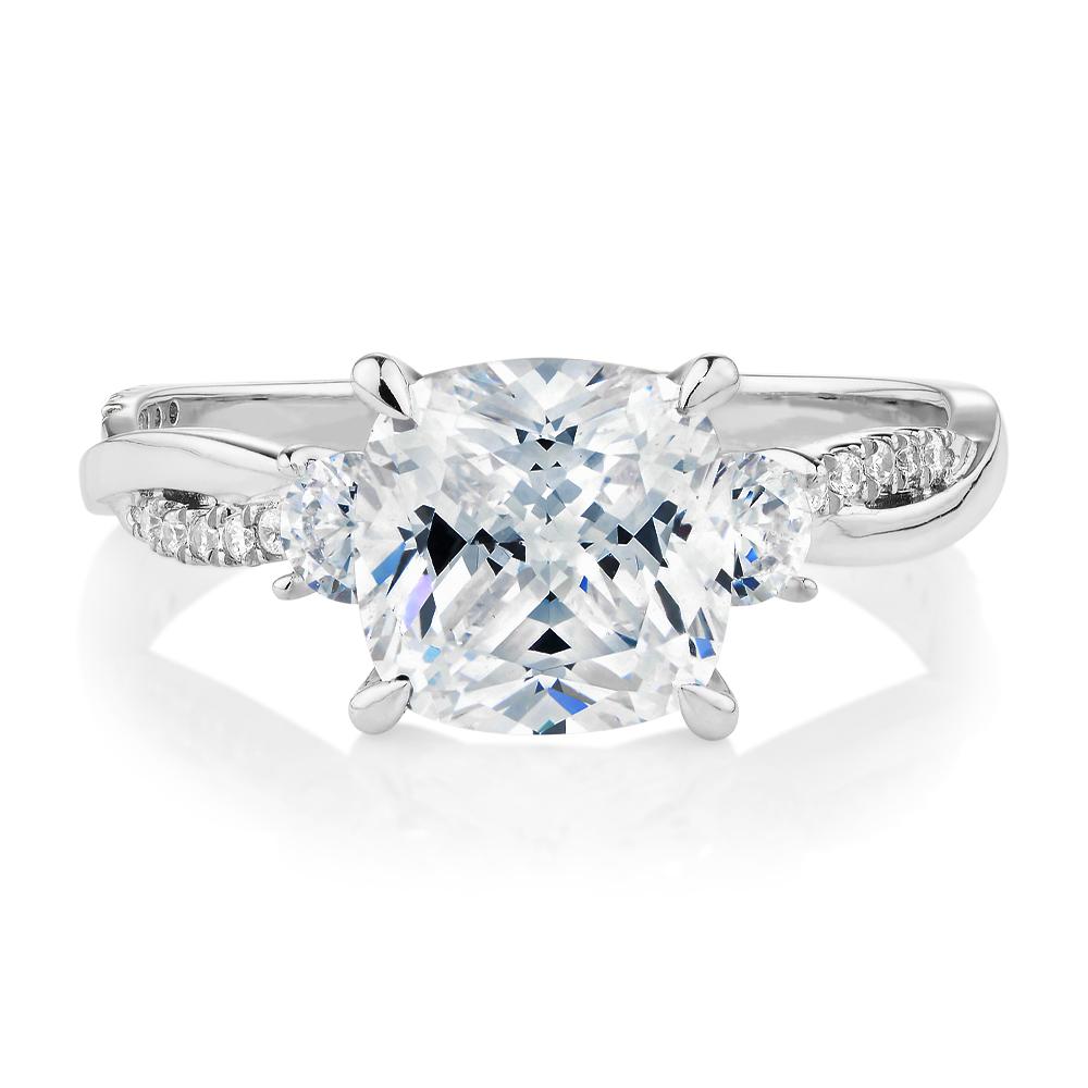 Cushion and Round Brilliant shouldered engagement ring with 2.35 carats* of diamond simulants in 14 carat white gold