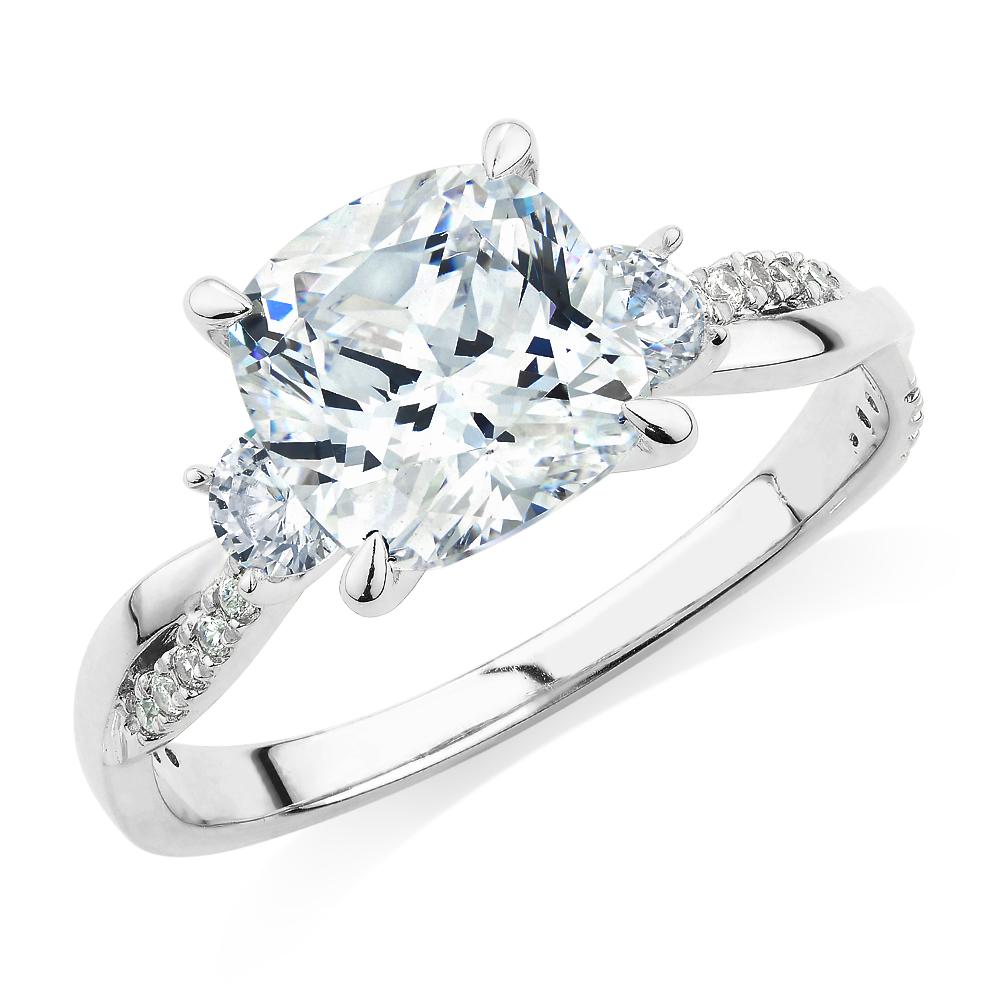 Cushion and Round Brilliant shouldered engagement ring with 2.35 carats* of diamond simulants in 14 carat white gold