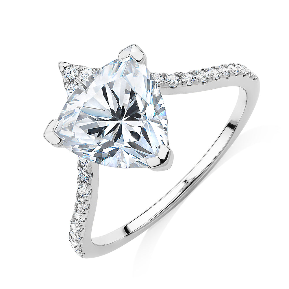 Trilliant and Round Brilliant shouldered engagement ring with 2.52 carats* of diamond simulants in 14 carat white gold