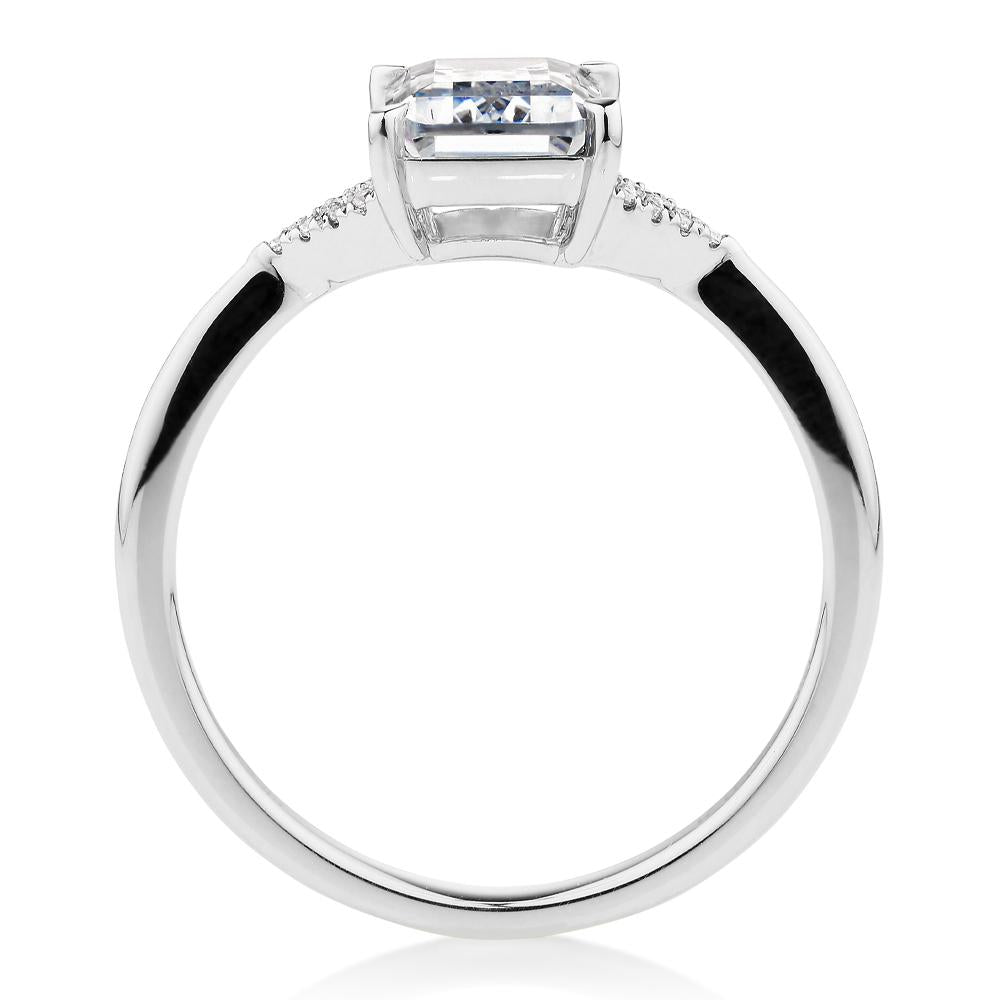 Emerald Cut and Round Brilliant shouldered engagement ring with 1.78 carats* of diamond simulants in 14 carat white gold