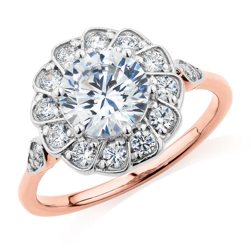 Dress ring with 2.16 carats* of diamond simulants in 10 carat rose and white gold