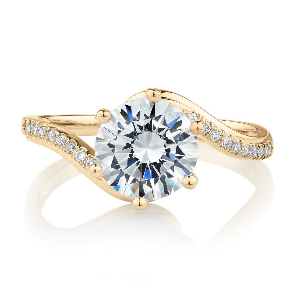 Round Brilliant shouldered engagement ring with 2.14 carats* of diamond simulants in 14 carat yellow gold
