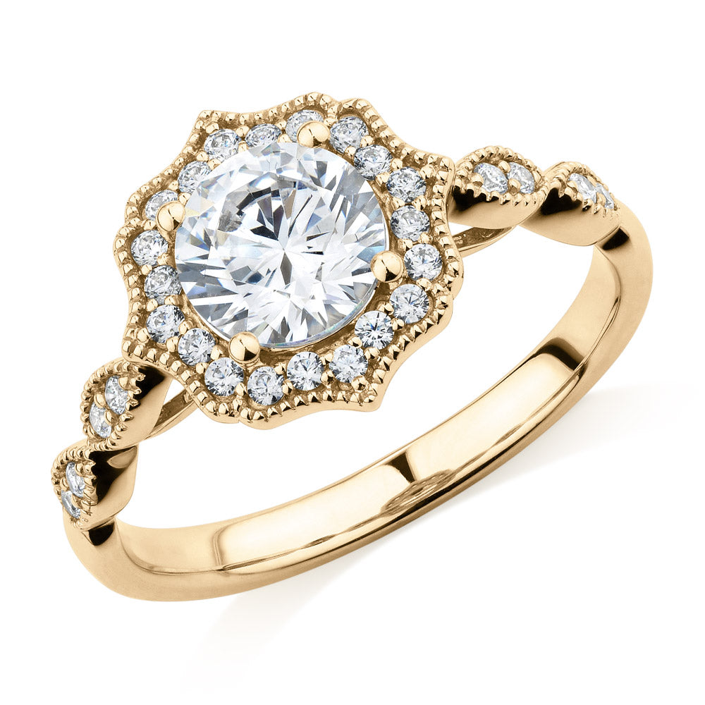 Round Brilliant halo engagement ring with 1.22 carats* of diamond simulants in 14 carat yellow gold