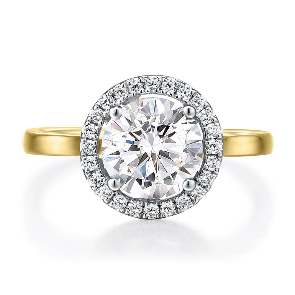 Round Brilliant halo engagement ring with 2.22 carats* of diamond simulants in 14 carat yellow and white gold