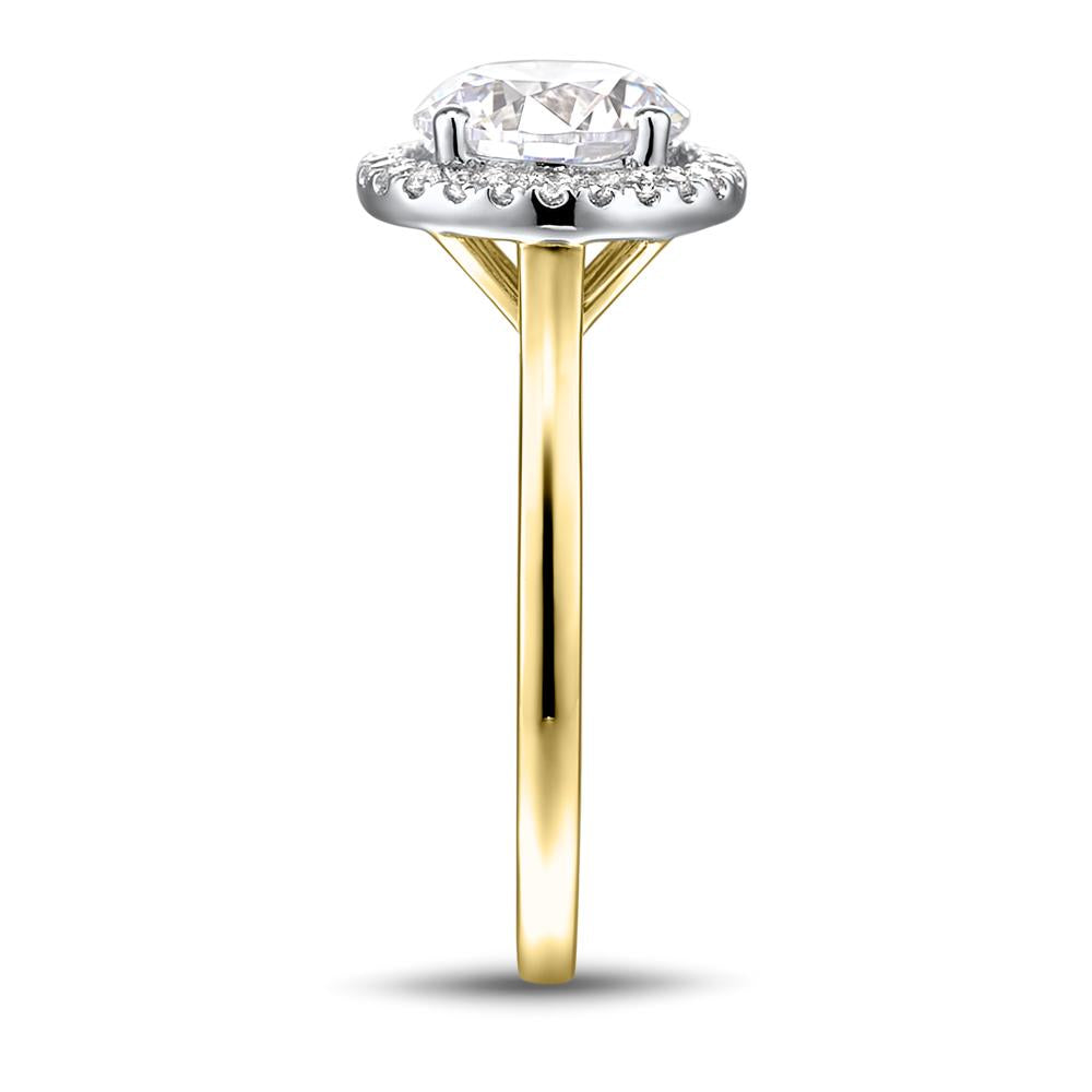 Round Brilliant halo engagement ring with 2.22 carats* of diamond simulants in 14 carat yellow and white gold