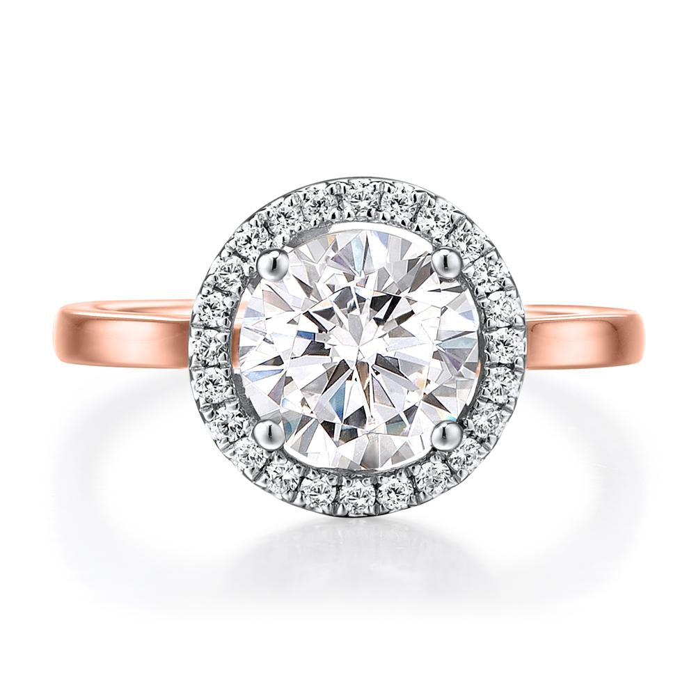 Round Brilliant halo engagement ring with 2.22 carats* of diamond simulants in 14 carat rose and white gold
