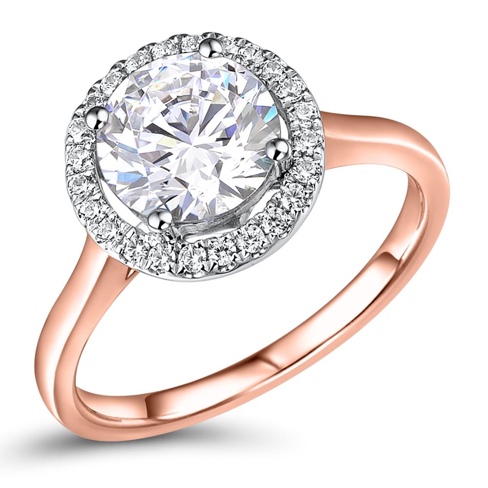 Round Brilliant halo engagement ring with 2.22 carats* of diamond simulants in 14 carat rose and white gold