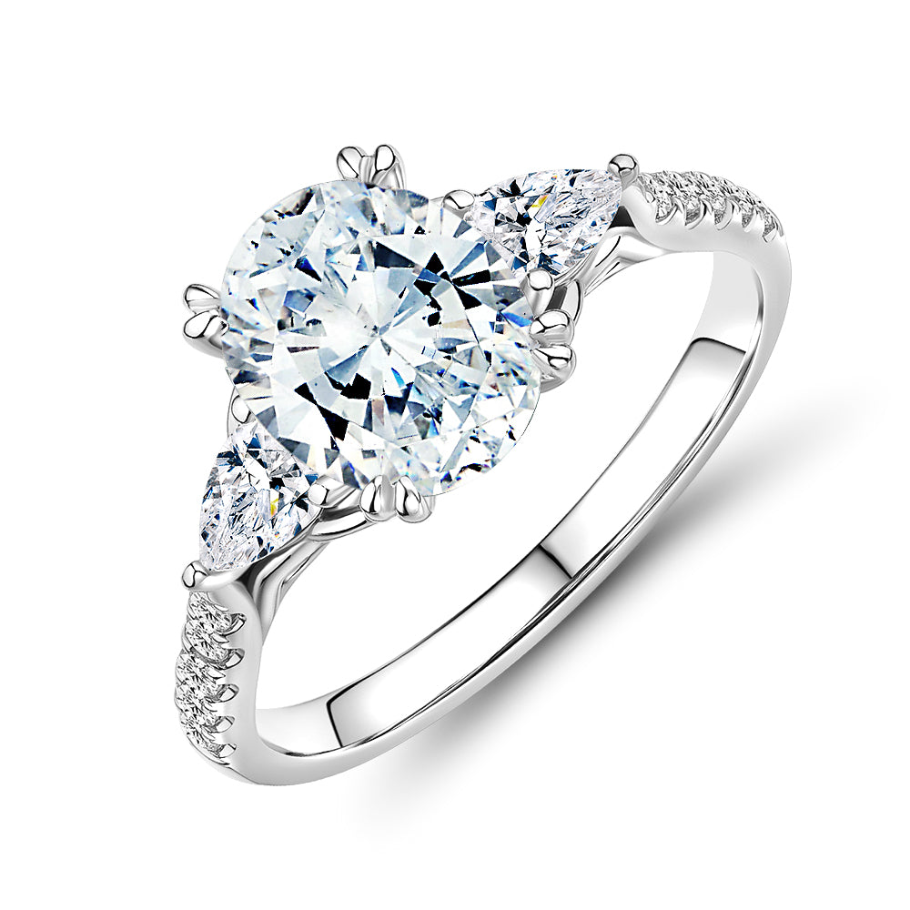 Oval and Pear shouldered engagement ring with 2.51 carats* of diamond simulants in 14 carat white gold