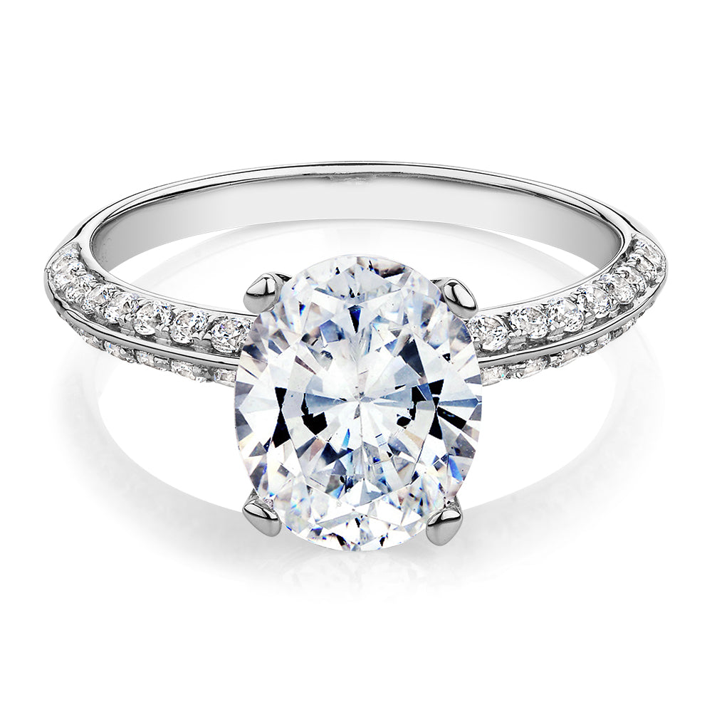Oval shouldered engagement ring with 2.97 carats* of diamond simulants in 14 carat white gold