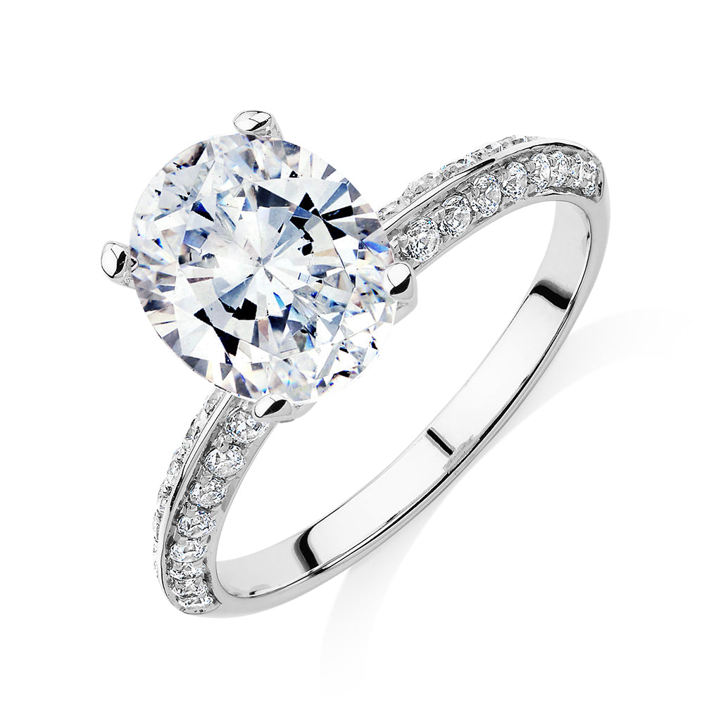 Oval shouldered engagement ring with 2.97 carats* of diamond simulants in 14 carat white gold
