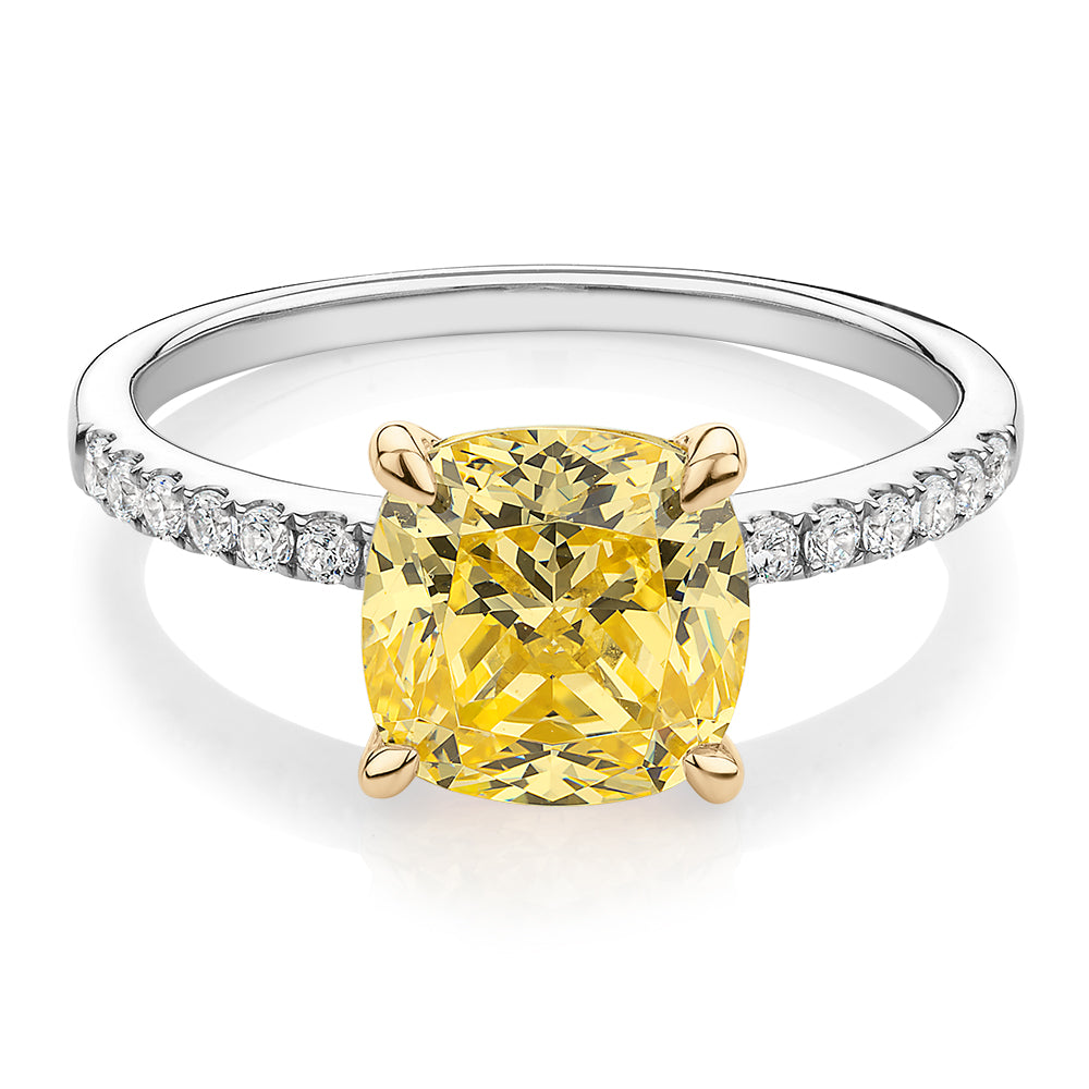 Cushion and Round Brilliant shouldered engagement ring with 2.18 carats* of diamond simulants in 10 carat white and yellow gold