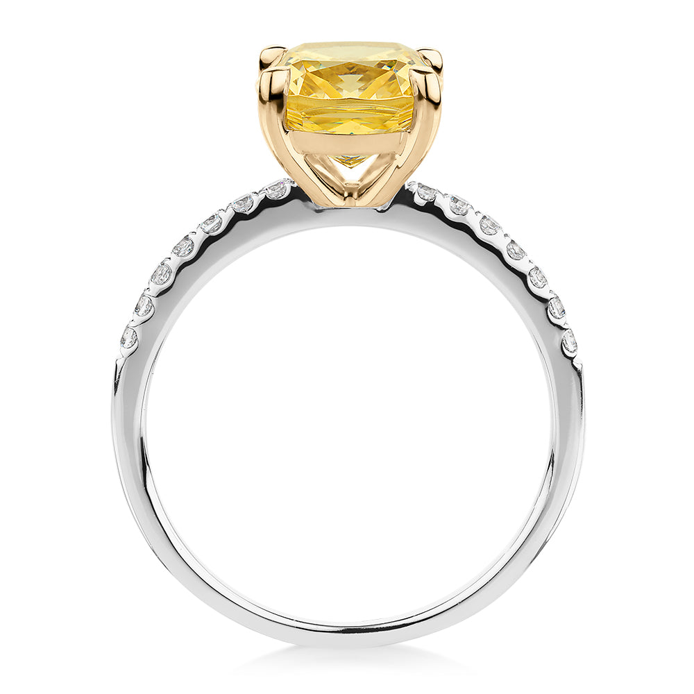 Cushion and Round Brilliant shouldered engagement ring with 2.18 carats* of diamond simulants in 10 carat white and yellow gold