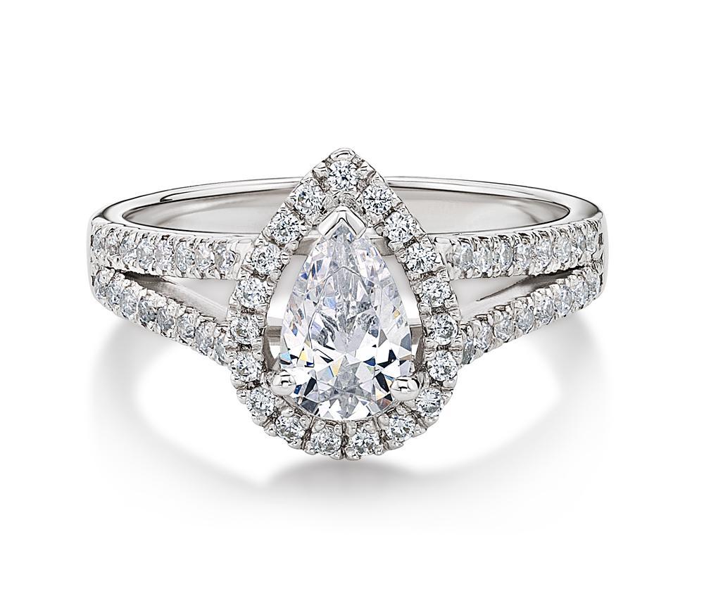 Pear and Round Brilliant halo engagement ring with 1.16 carats* of diamond simulants in 14 carat white gold