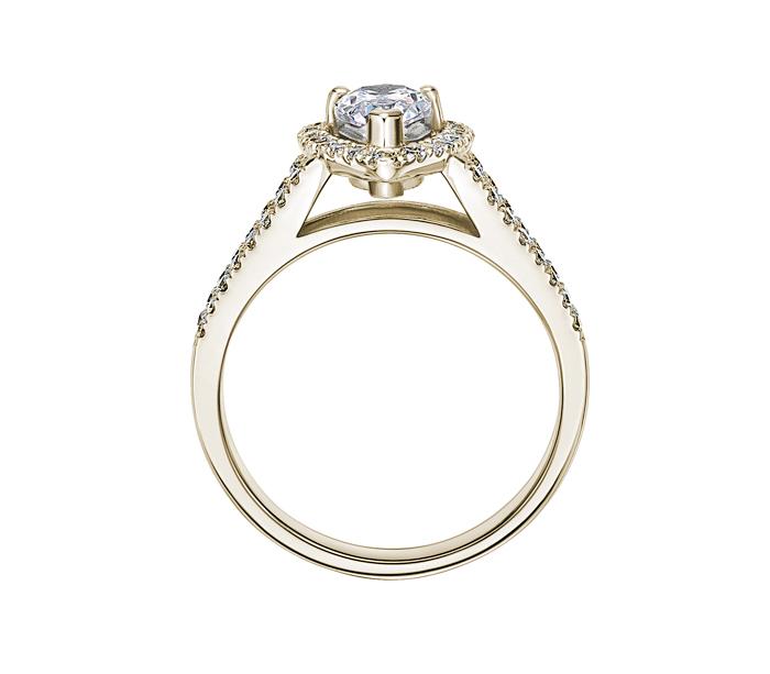 Pear and Round Brilliant halo engagement ring with 1.16 carats* of diamond simulants in 14 carat yellow gold