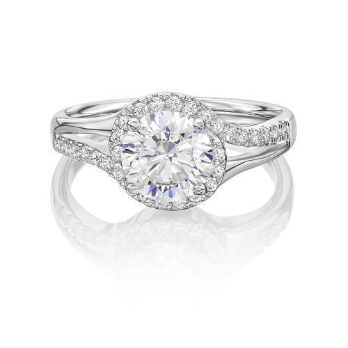 Round Brilliant halo engagement ring with 1.95 carats* of diamond simulants in 14 carat white gold