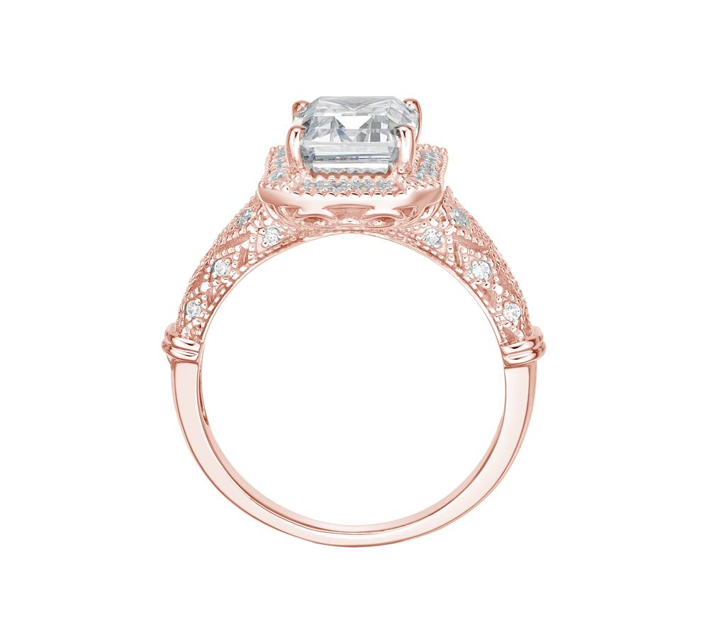 Emerald Cut and Round Brilliant halo engagement ring with 2.9 carats* of diamond simulants in 10 carat rose gold
