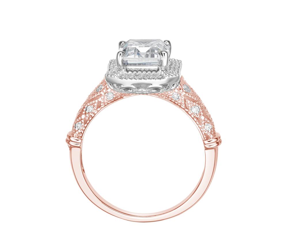 Emerald Cut and Round Brilliant halo engagement ring with 2.9 carats* of diamond simulants in 10 carat rose and white gold