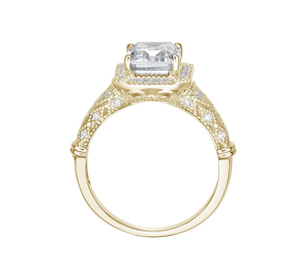 Emerald Cut and Round Brilliant halo engagement ring with 2.9 carats* of diamond simulants in 10 carat yellow gold