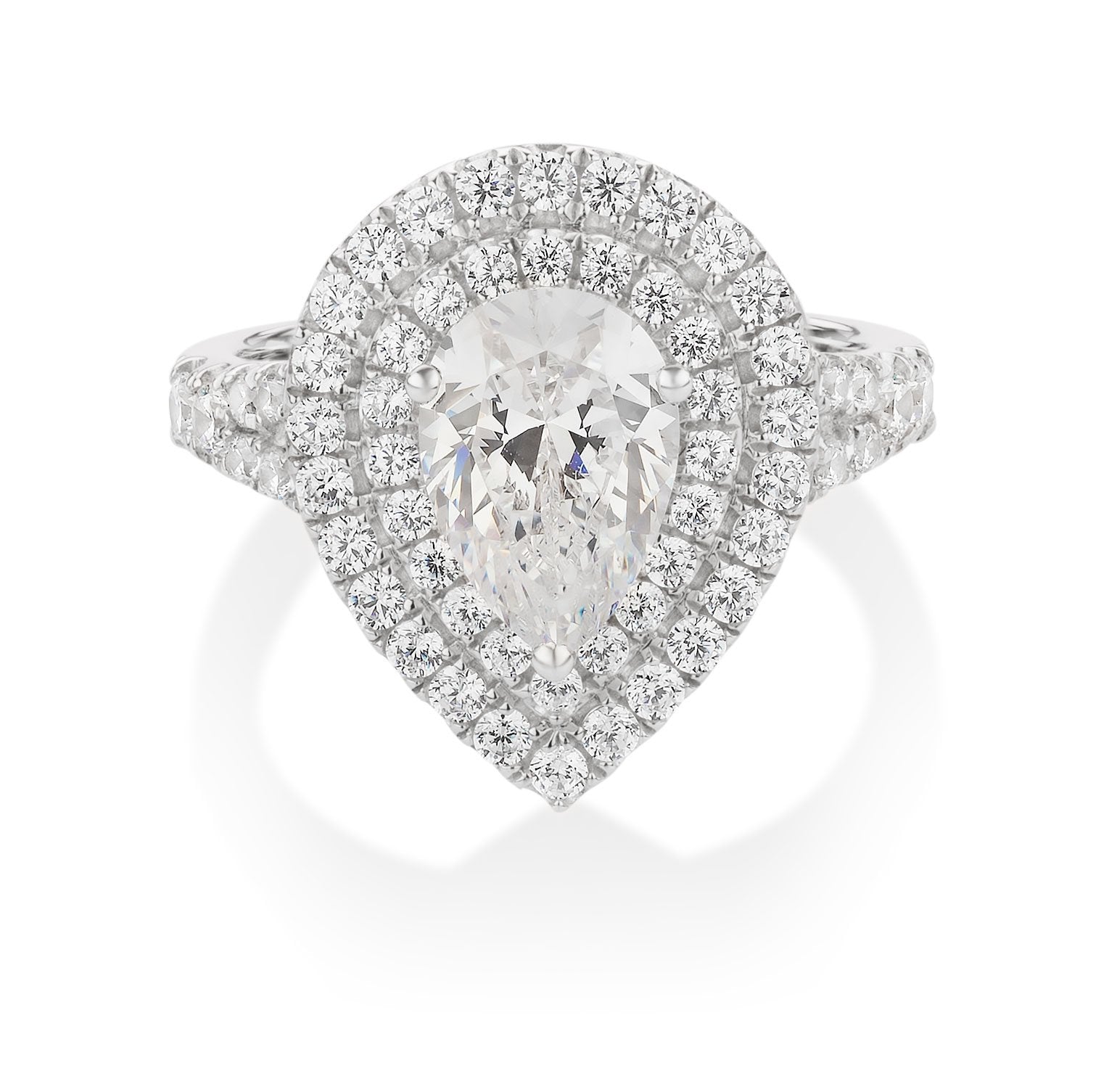 Pear and Round Brilliant halo engagement ring with 2.75 carats* of diamond simulants in 10 carat white gold