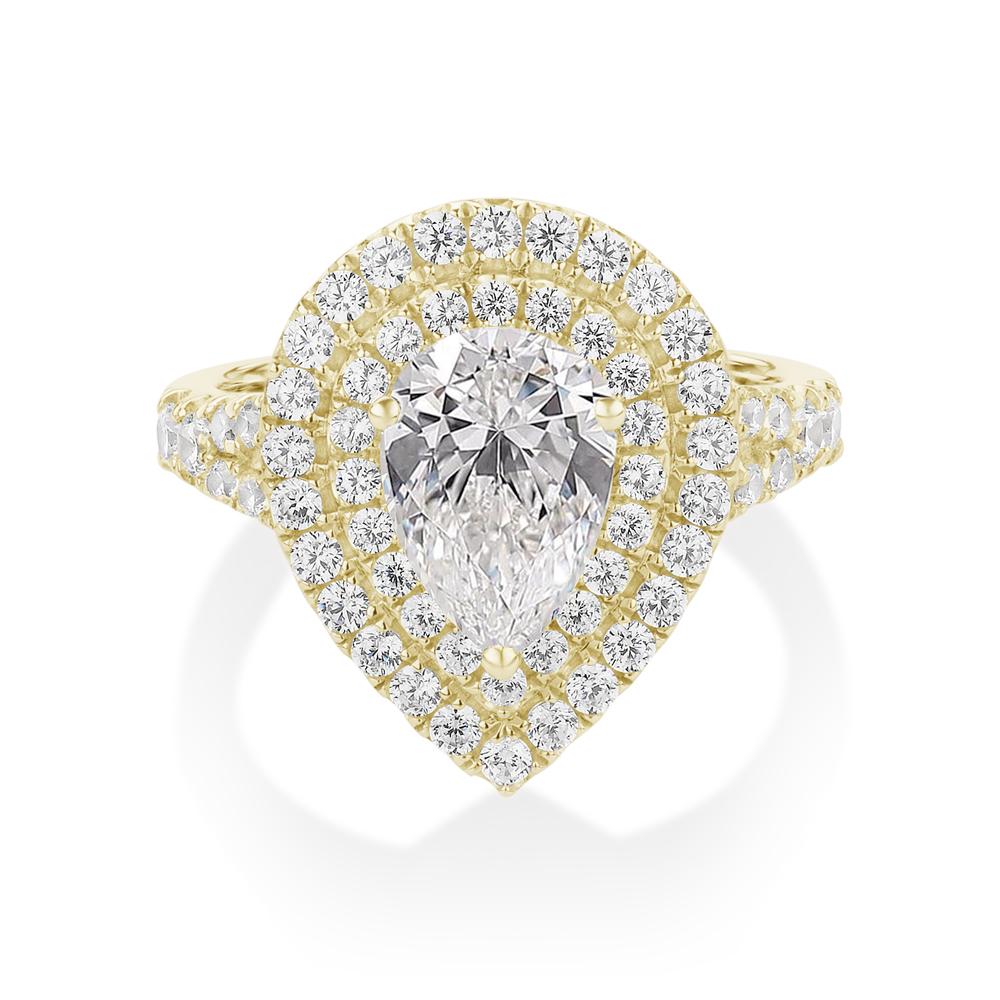 Pear and Round Brilliant halo engagement ring with 2.75 carats* of diamond simulants in 10 carat yellow gold