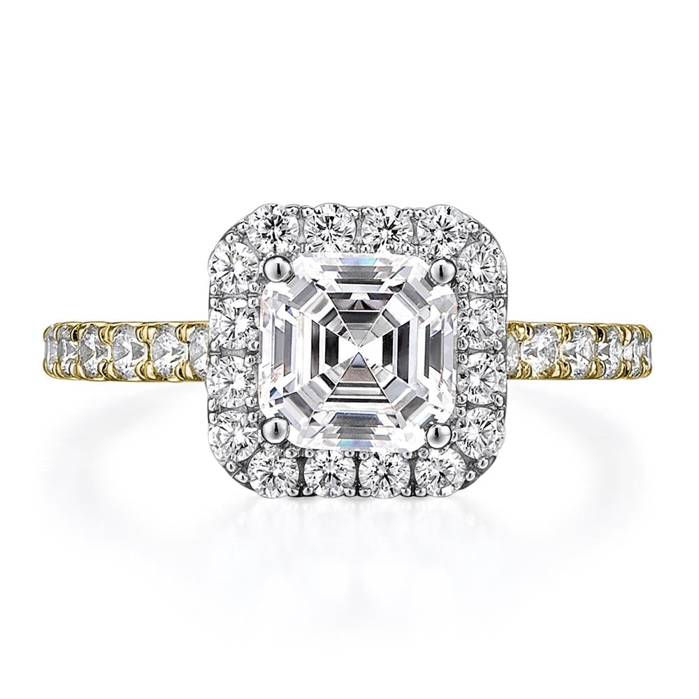 Asscher and Round Brilliant halo engagement ring with 2.21 carats* of diamond simulants in 14 carat yellow and white gold