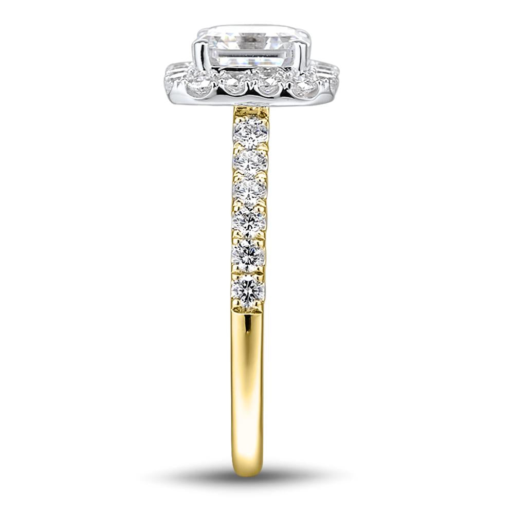 Asscher and Round Brilliant halo engagement ring with 2.21 carats* of diamond simulants in 14 carat yellow and white gold