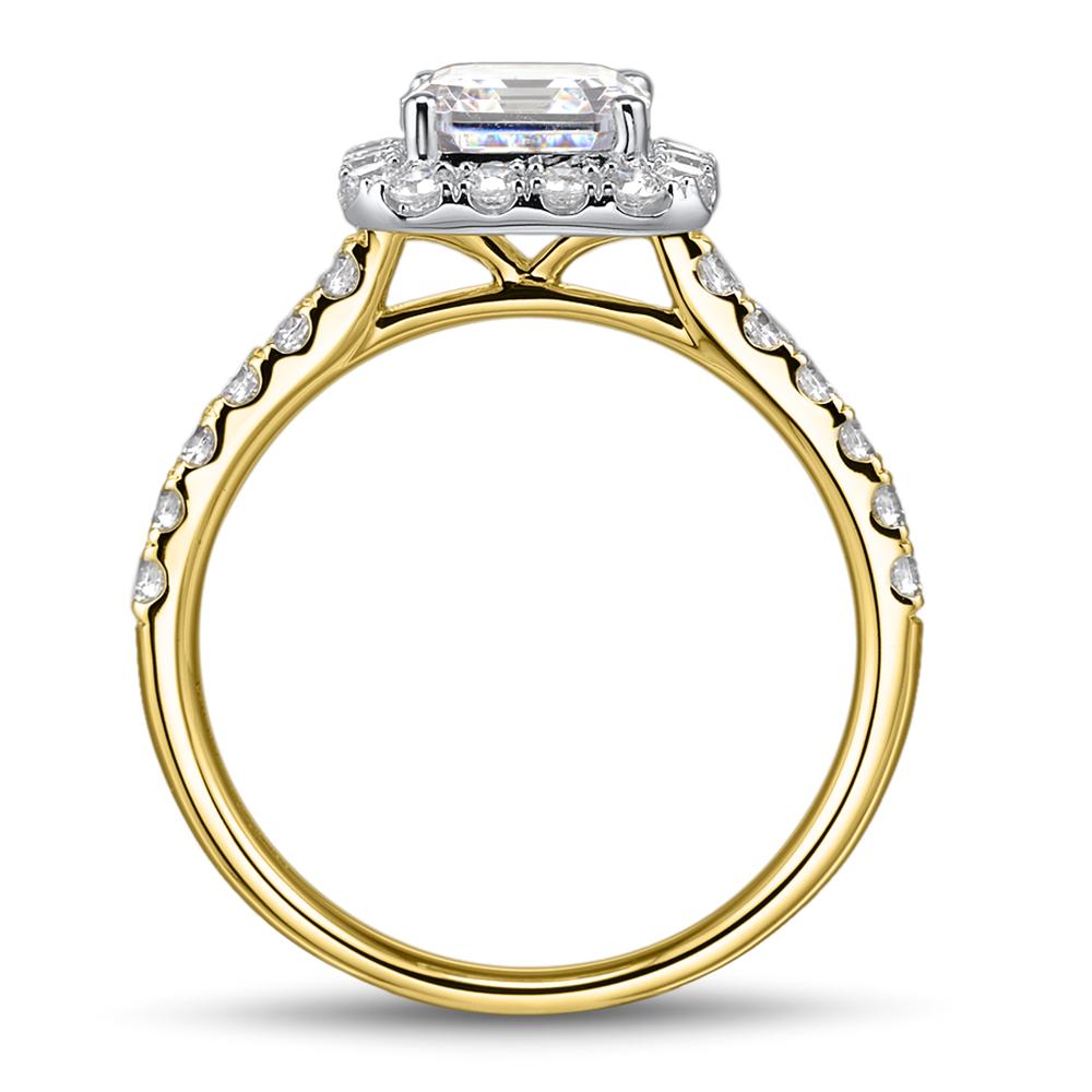 Asscher and Round Brilliant halo engagement ring with 2.21 carats* of diamond simulants in 14 carat yellow and white gold