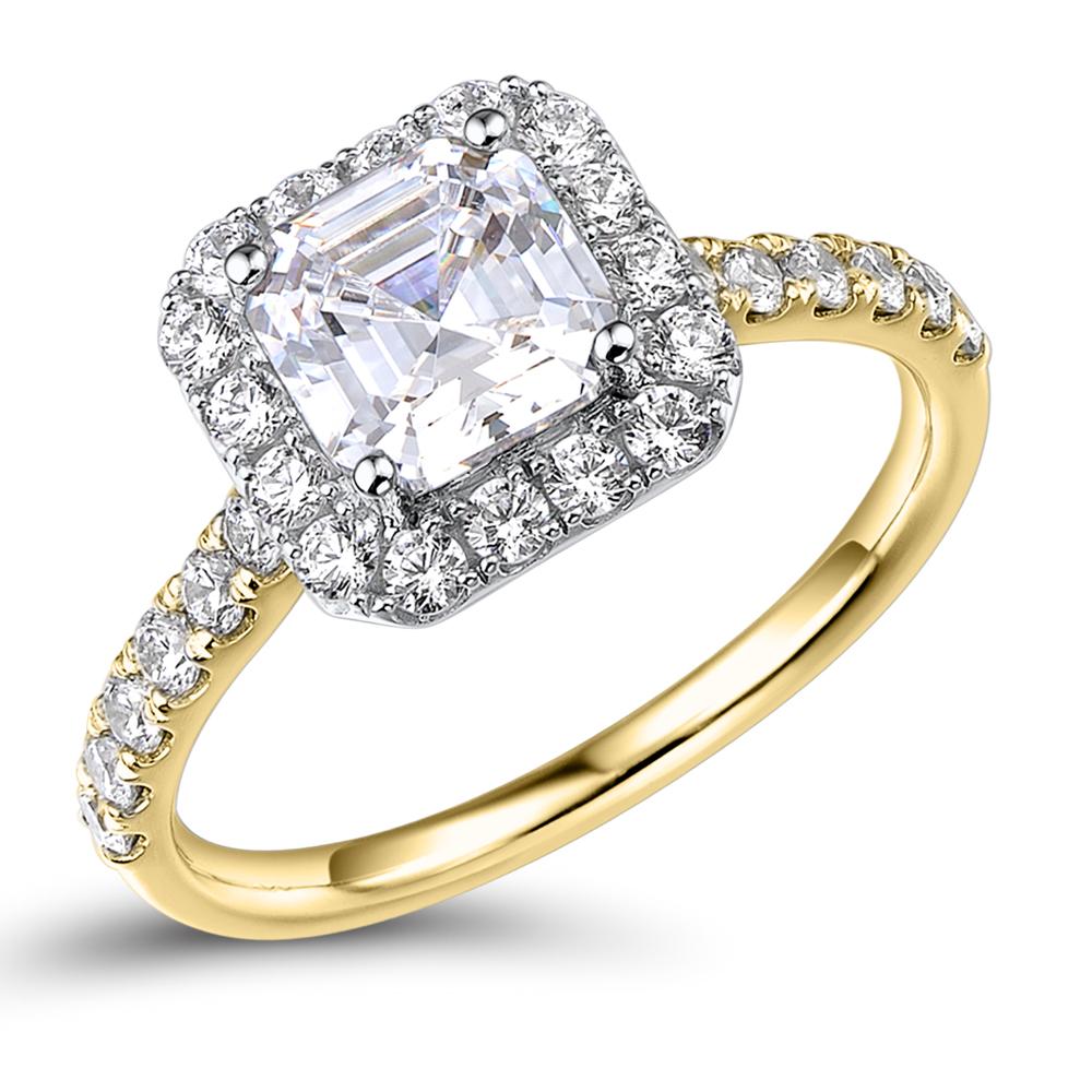 Asscher and Round Brilliant halo engagement ring with 2.21 carats* of diamond simulants in 14 carat yellow and white gold