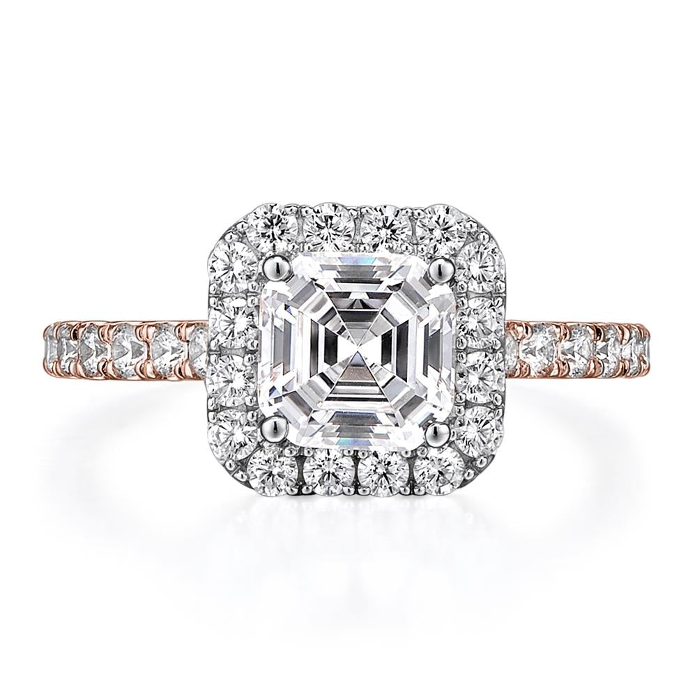 Asscher and Round Brilliant halo engagement ring with 2.21 carats* of diamond simulants in 14 carat rose and white gold