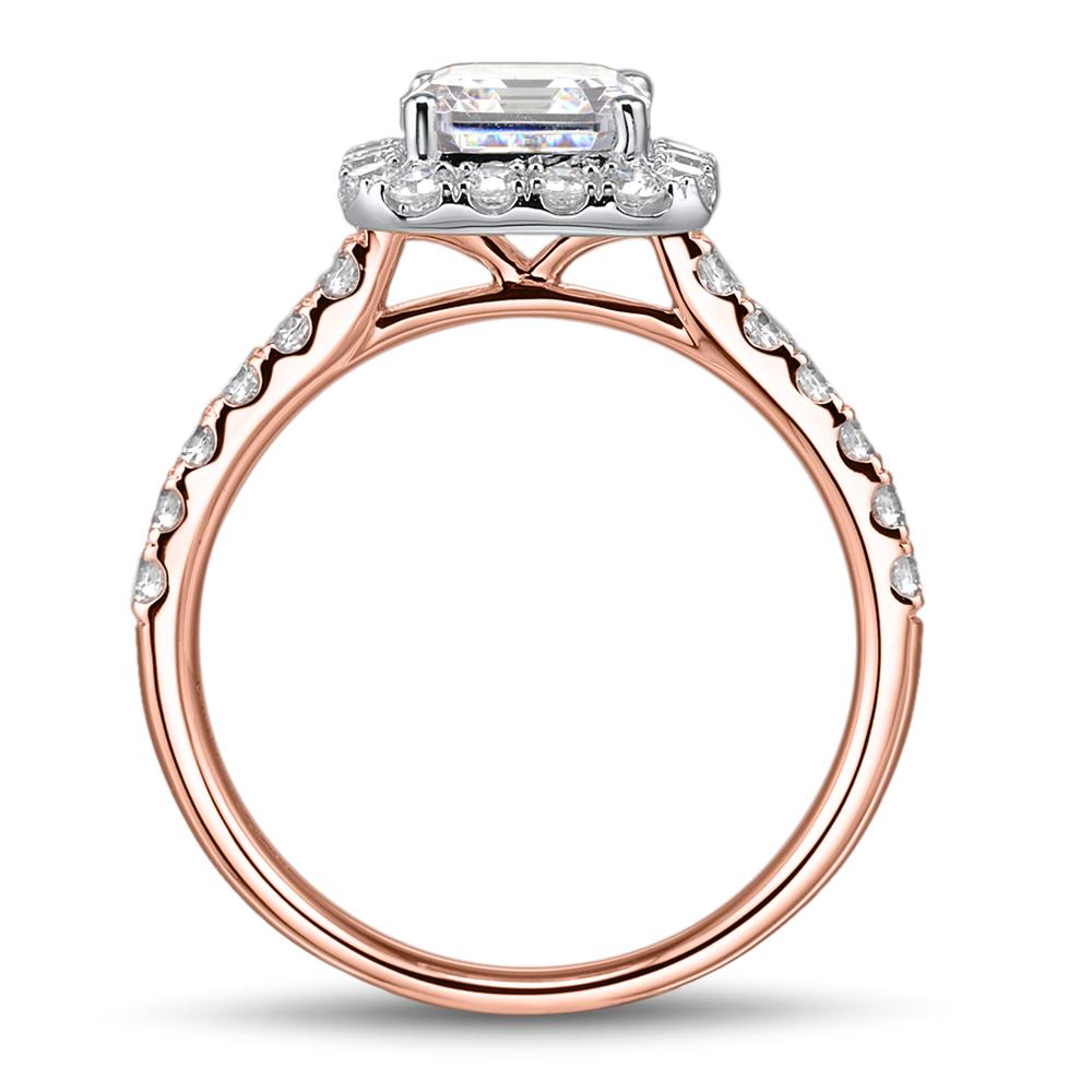 Asscher and Round Brilliant halo engagement ring with 2.21 carats* of diamond simulants in 14 carat rose and white gold
