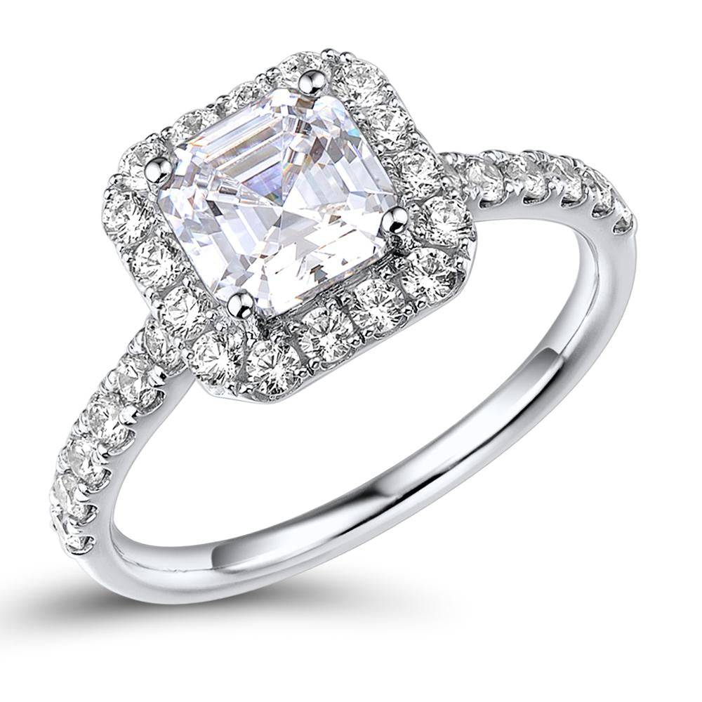 Asscher and Round Brilliant halo engagement ring with 2.21 carats* of diamond simulants in 14 carat white gold