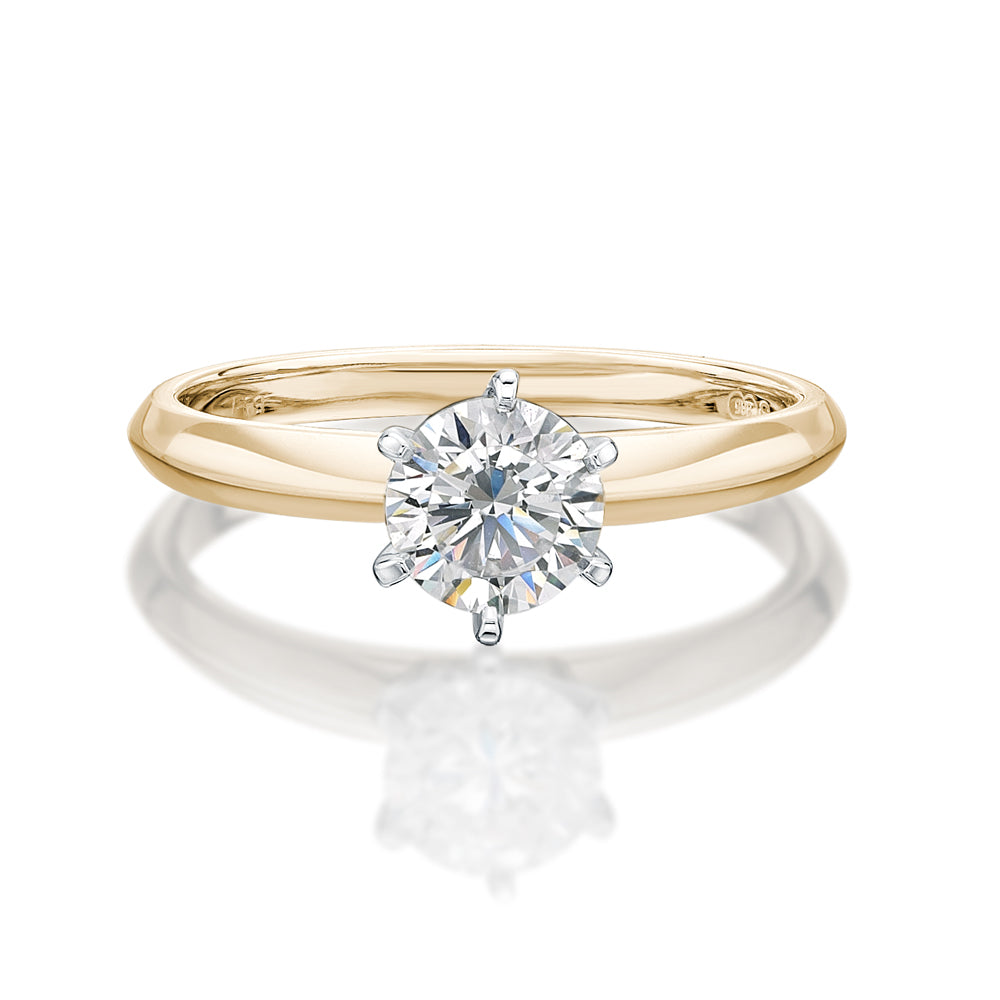 Round Brilliant solitaire engagement ring with 0.75 carat* diamond simulant in 14 carat yellow and white gold