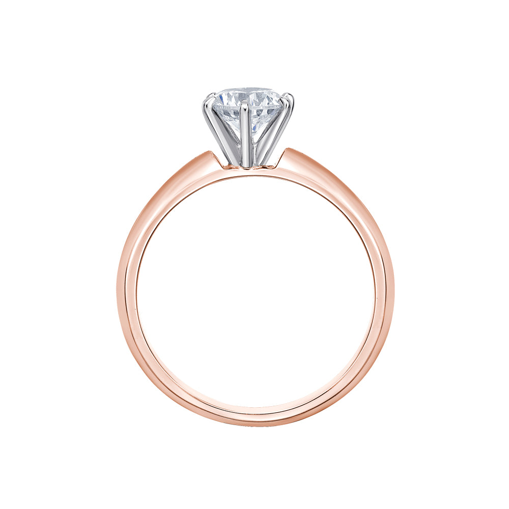Round Brilliant solitaire engagement ring with 0.75 carat* diamond simulant in 14 carat rose and white gold