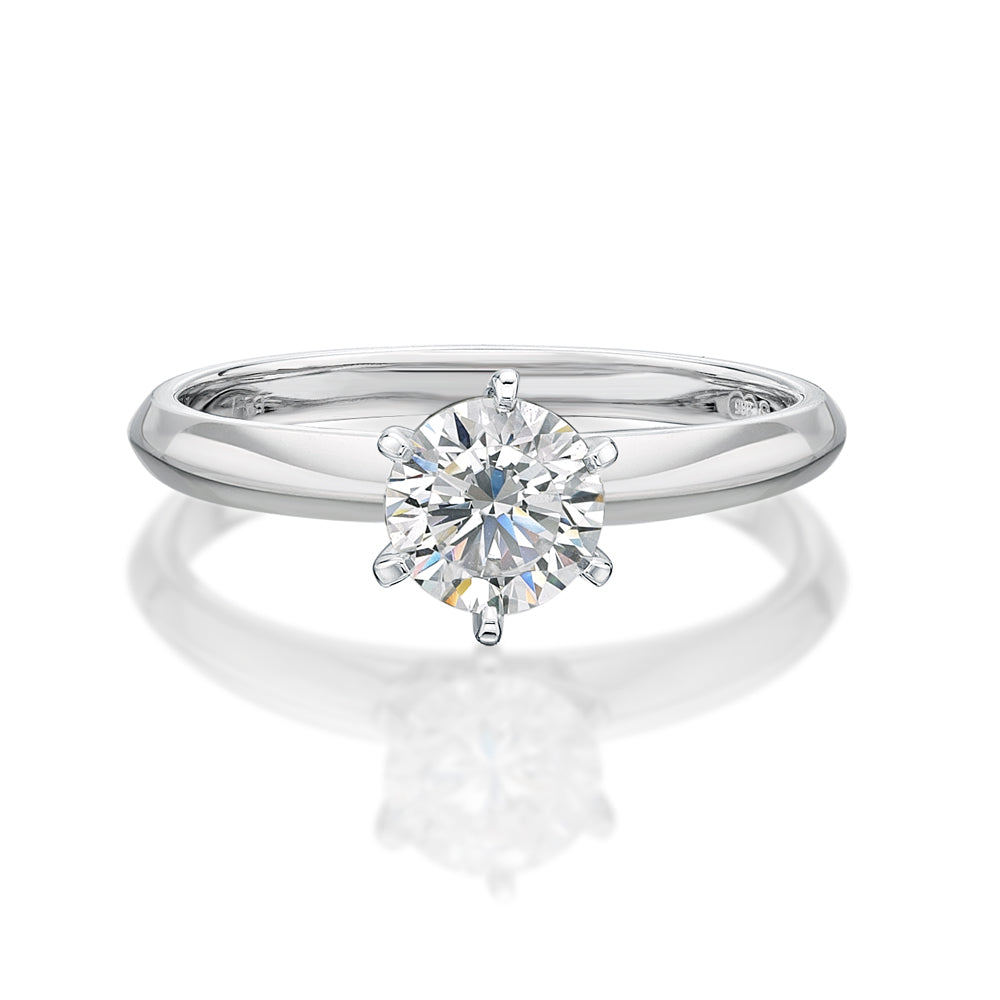 Round Brilliant solitaire engagement ring with 0.75 carat* diamond simulant in 14 carat white gold