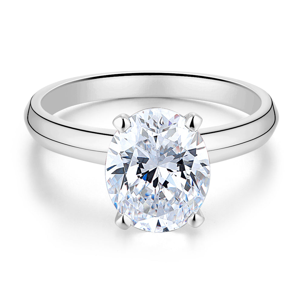 Oval solitaire engagement ring with 2.54 carat* diamond simulant in 14 carat white gold