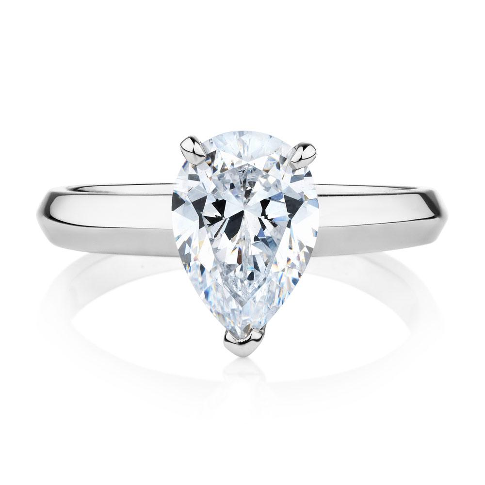 Pear solitaire engagement ring with 1.8 carat* diamond simulant in 14 carat white gold