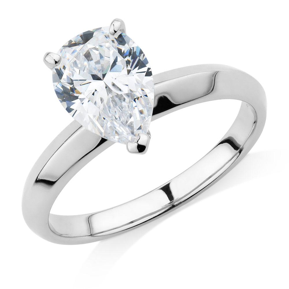 Pear solitaire engagement ring with 1.8 carat* diamond simulant in 14 carat white gold