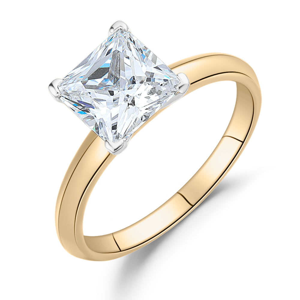 Princess solitaire engagement ring with 2.4 carat* diamond simulant in 14 carat yellow and white gold