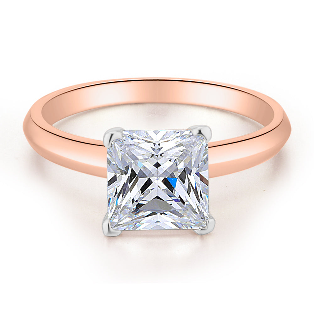 Princess solitaire engagement ring with 2.4 carat* diamond simulant in 14 carat rose and white gold