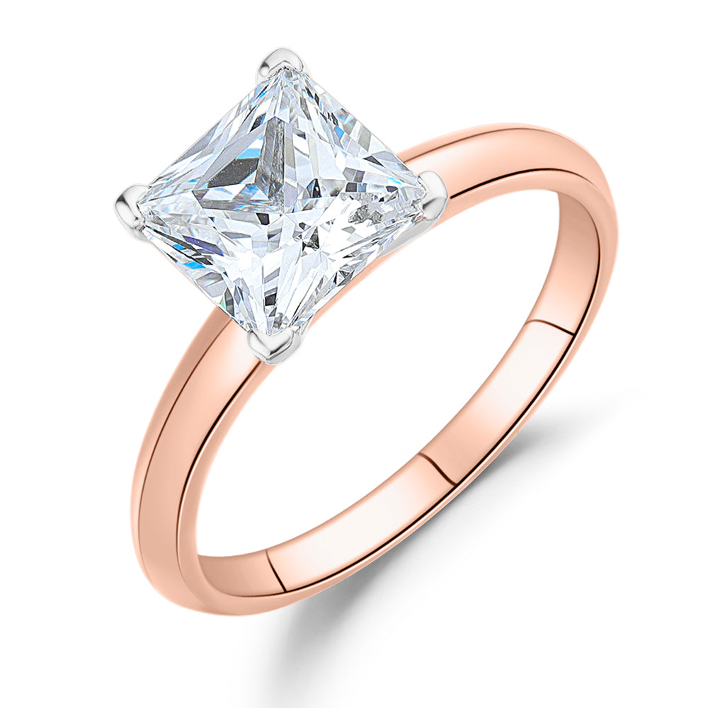 Princess solitaire engagement ring with 2.4 carat* diamond simulant in 14 carat rose and white gold