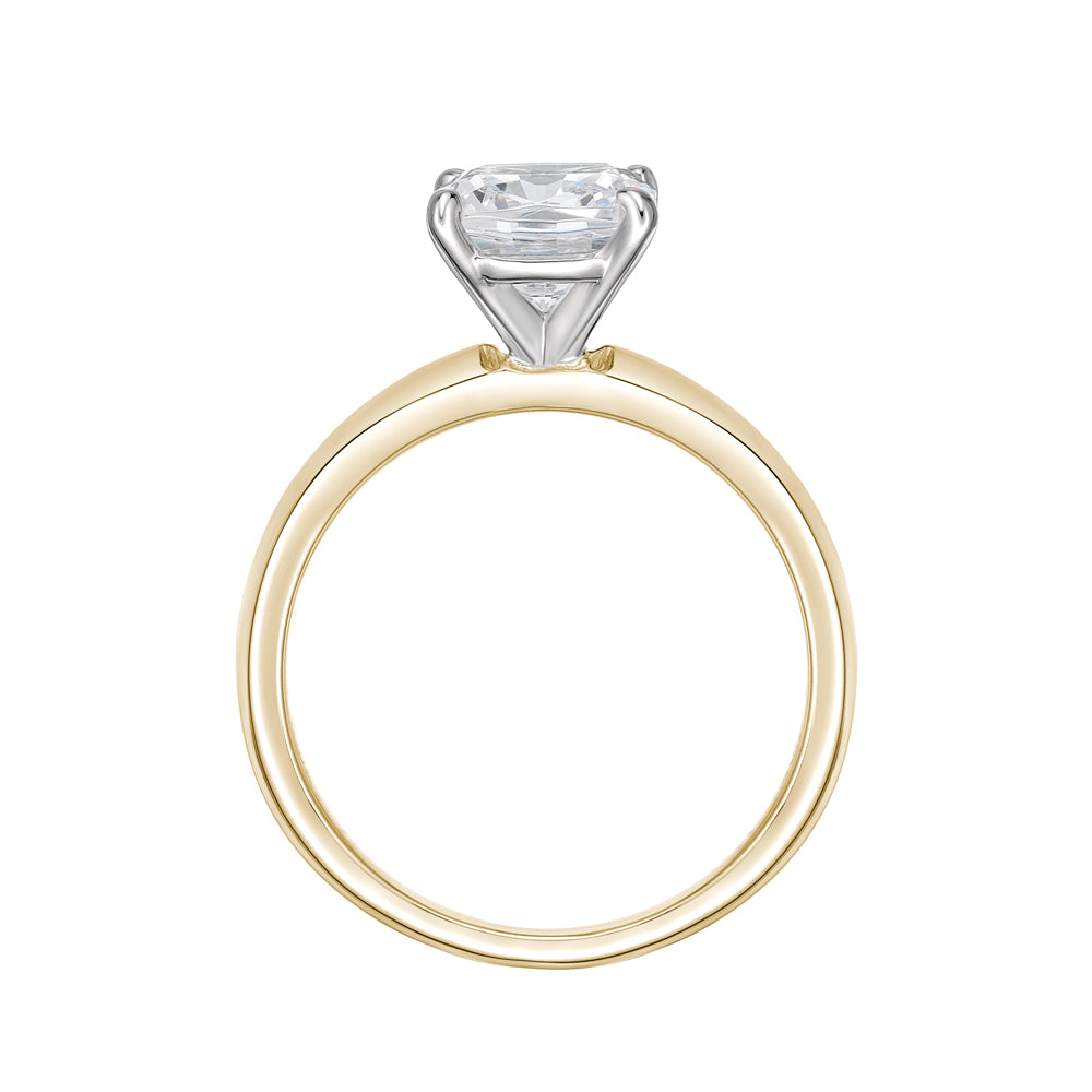 Cushion solitaire engagement ring with 2 carat* diamond simulant in 14 carat yellow and white gold