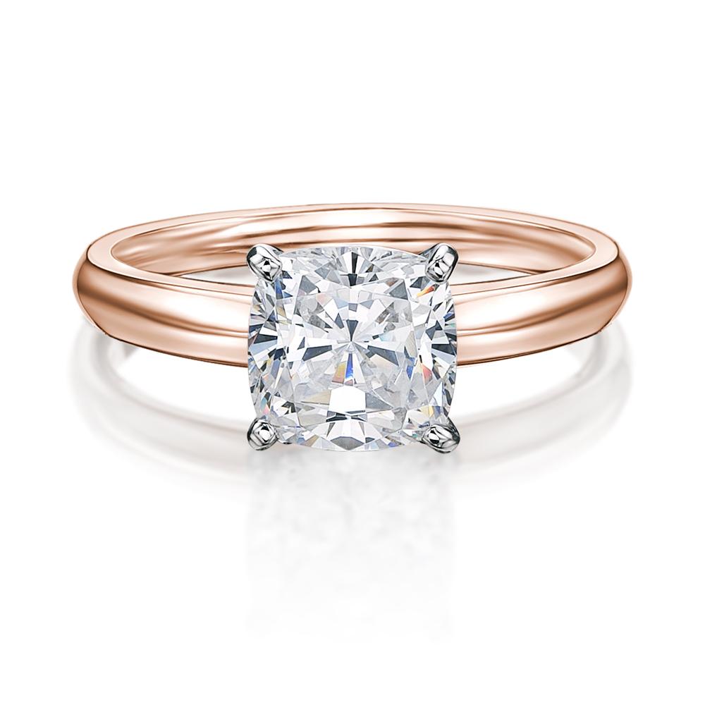 Cushion solitaire engagement ring with 2 carat* diamond simulant in 14 carat rose and white gold