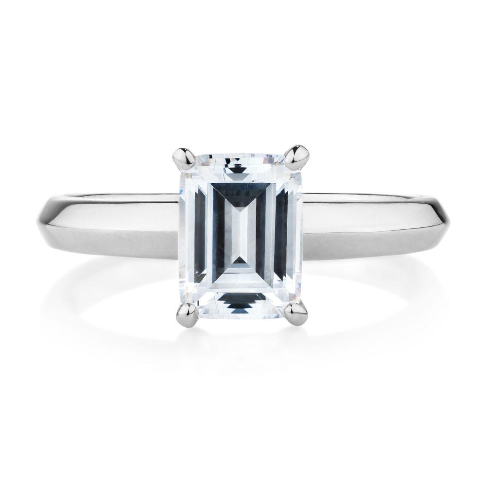 Emerald Cut solitaire engagement ring with 2.17 carat* diamond simulant in 14 carat white gold