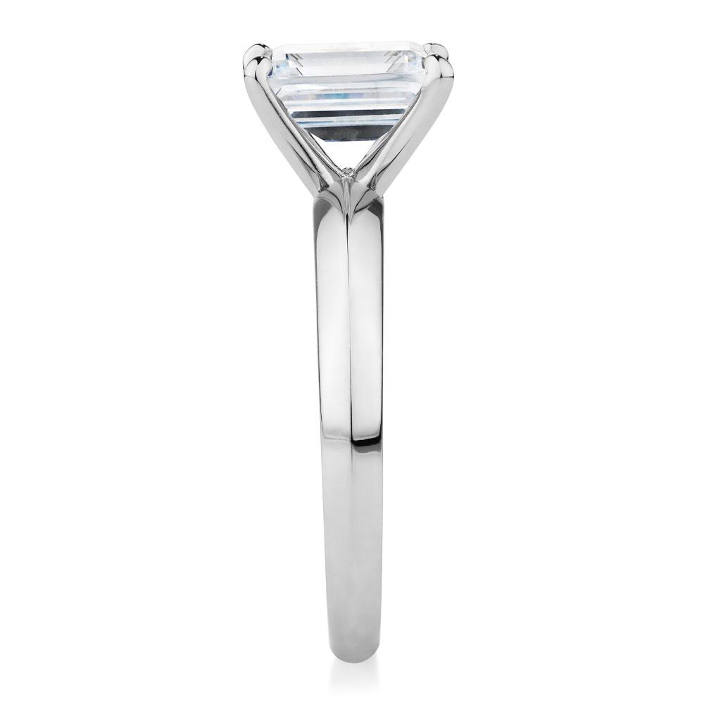 Emerald Cut solitaire engagement ring with 2.17 carat* diamond simulant in 14 carat white gold