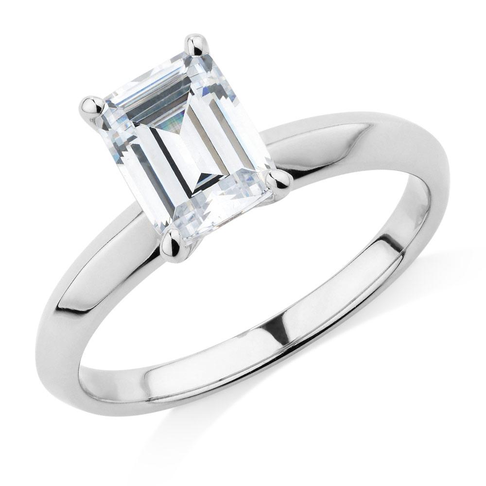 Emerald Cut solitaire engagement ring with 2.17 carat* diamond simulant in 14 carat white gold
