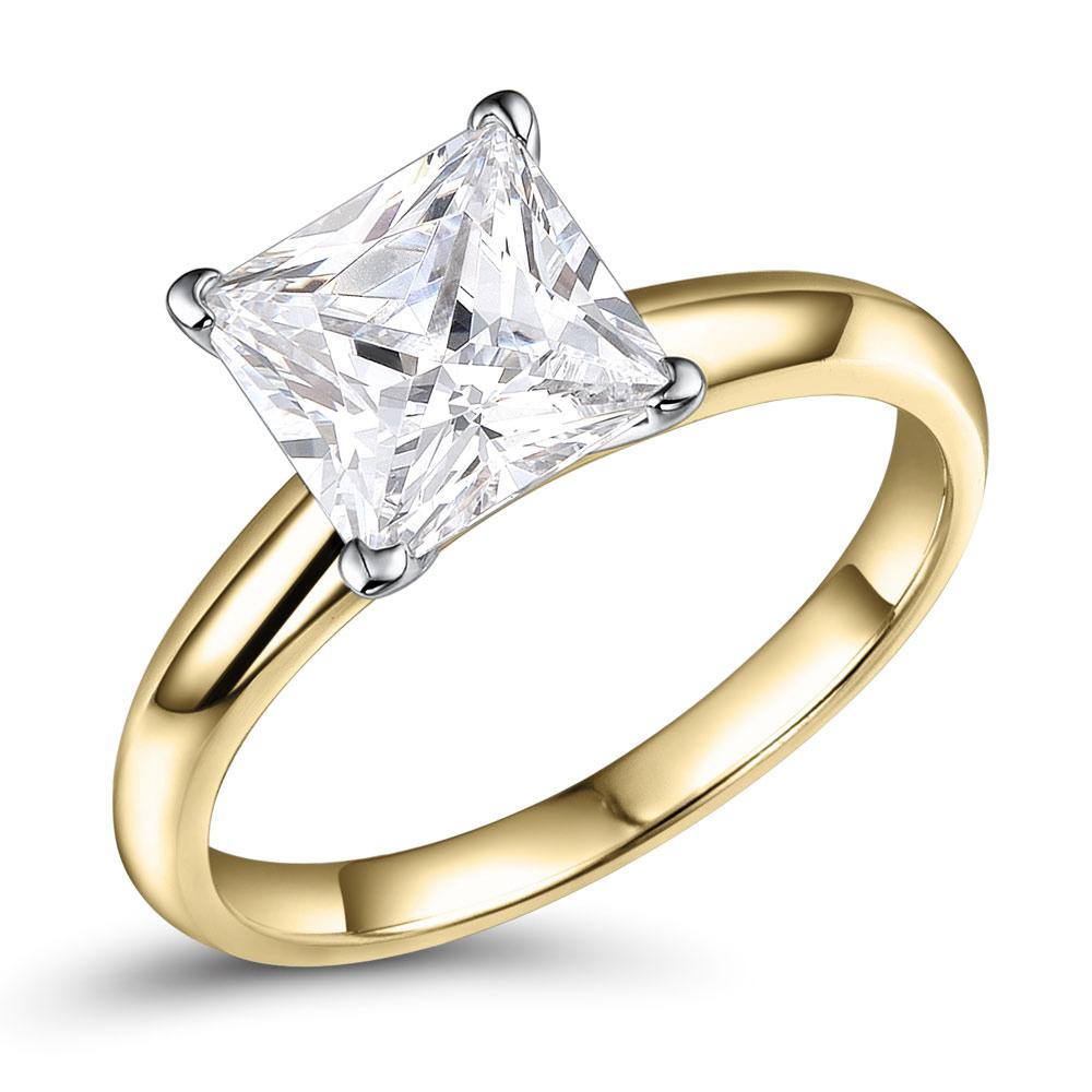 Asscher solitaire engagement ring with 2.4 carat* diamond simulant in 14 carat yellow and white gold