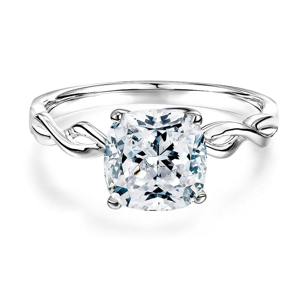Cushion solitaire engagement ring with 2.04 carat* diamond simulant in 14 carat white gold