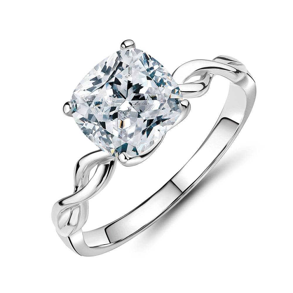 Cushion solitaire engagement ring with 2.04 carat* diamond simulant in 14 carat white gold